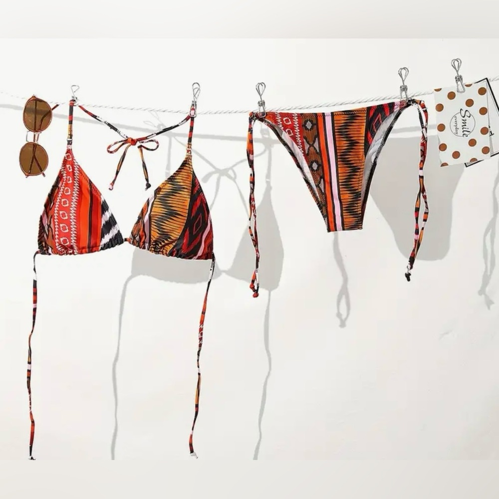 Boho Ethnic Print Triangle Halter Side Tie Bikini Set - Picture 9 of 12